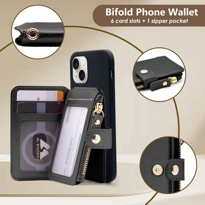 Small Wallet for Women Large Capacity with ID Window, Phone Wallet with 3M Adhesive Card Holder for Phone Case (Compatible with Most Smartphones) (Black)
