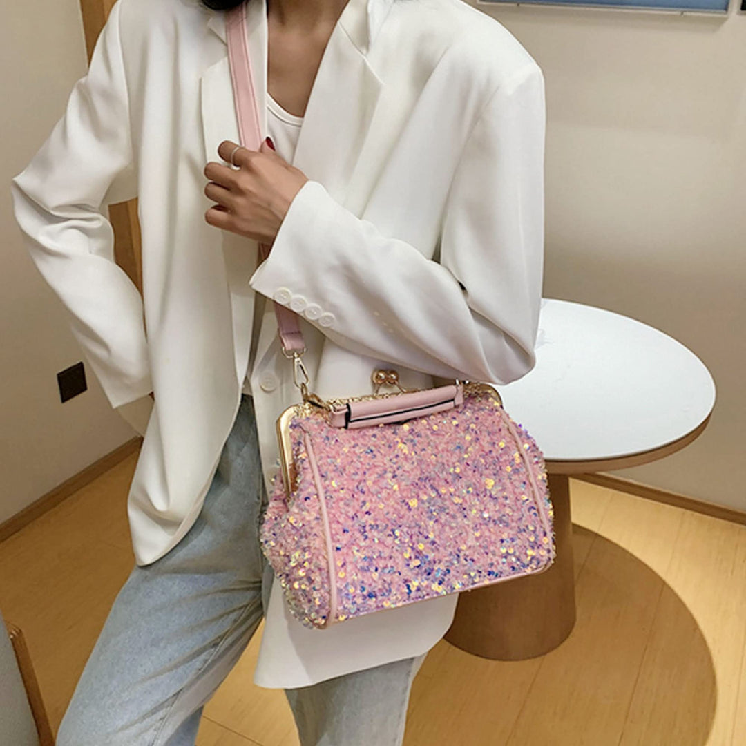 Women Small Glitter Sequins Cross-body Bag with PU Leather Strap Top-Handle Bag Kiss Lock