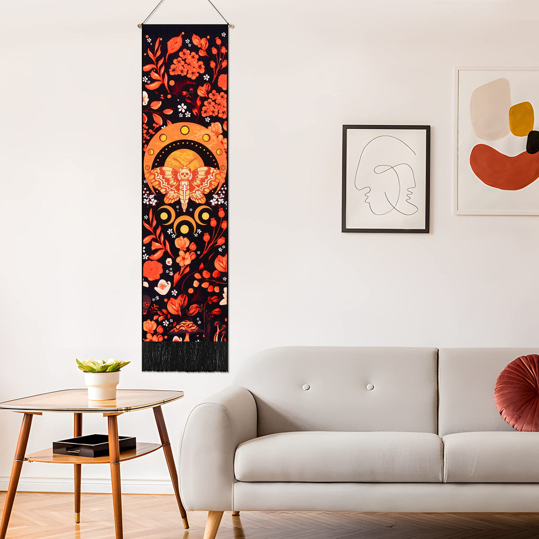 Moon Phase Tapestry Moth Tapestries Colorful Floral Tapestry Abstract Vertical Tapestry Hippie Mushroom Tapestry Wall Hanging For Room(Moon, 12.8 x 51.2 Inches)