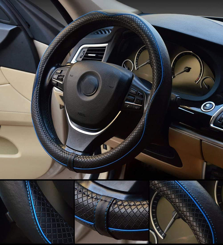 Steering Wheel Covers Universal 15 inch - Genuine Leather, Breathable, Anti Slip &amp; Odor Free (Black with Blue Lines, M(14 1/2-15 1/4))