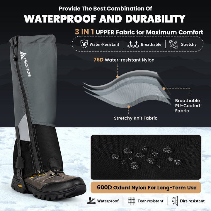 Gaiters for Hiking Waterproof, Leg Gaiters with Upgraded Zipper Design, Lightweight Shoe Gaiters for Men Women, Dirt-Proof Ripstop Hiking Gaiters, Breathable Boot Gators for Hunting