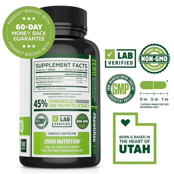 Zhou Nutrition Saw Palmetto Capsules for Prostate Health Extract and Berry Powder Complex, 500 mg, 100 Caps