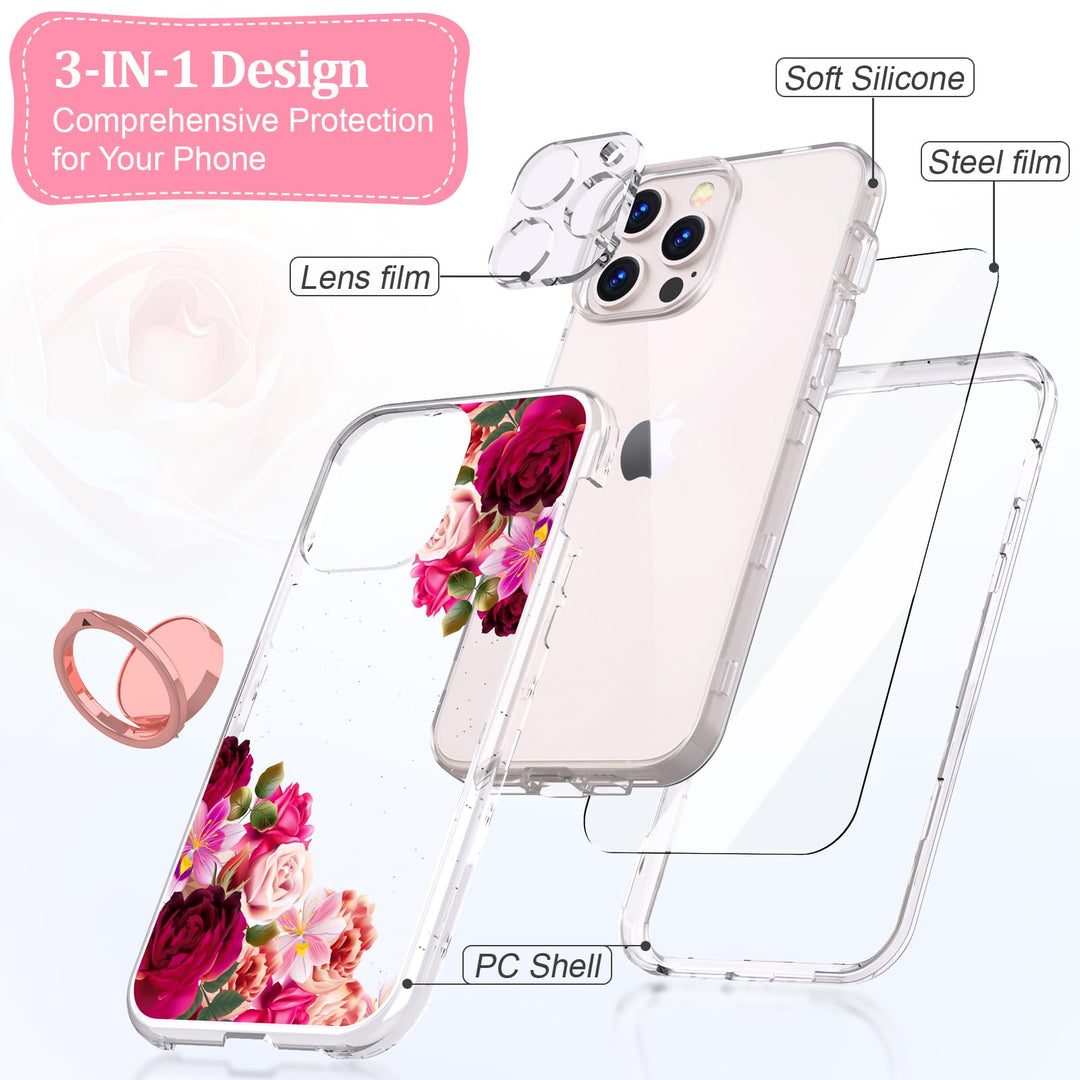 ACKETBOX for iPhone 13 Pro Max Case,with Screen Protector & Camera Lens Protector+Ring Bracket,Floral Phone Cover Designed for iPhone 13 Pro Max 6.7(Big Red Flower 01)