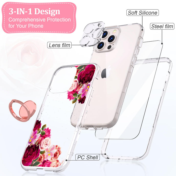 ACKETBOX for iPhone 13 Pro Max Case,with Screen Protector & Camera Lens Protector+Ring Bracket,Floral Phone Cover Designed for iPhone 13 Pro Max 6.7(Big Red Flower 01)