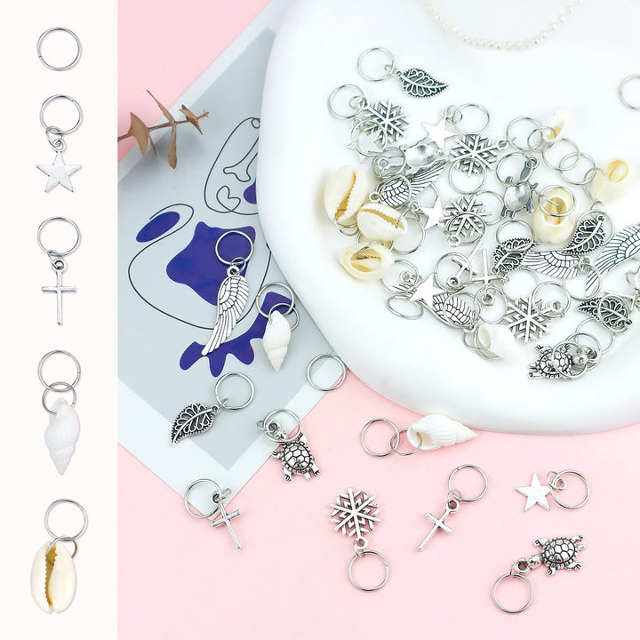 Hair Braid Rings, 50PCS Hair Loops Clips Silver Ring Shell Leaves Star Conch Snowflake Pendant Charms Set Hair Clip Headband Accessories