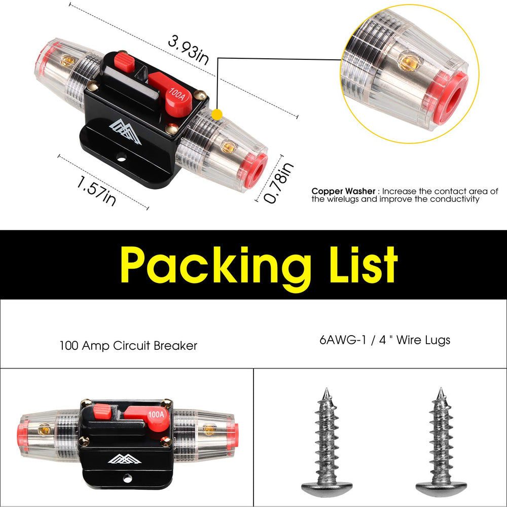 Circuit Breaker Switch 100A Waterproof Fuse Inline Holder 3-15 AWG Resettable Fuse Manual Reset 12V-48V DC for Car Audio Sound Amplifier System RV Home Marine Boat Truck