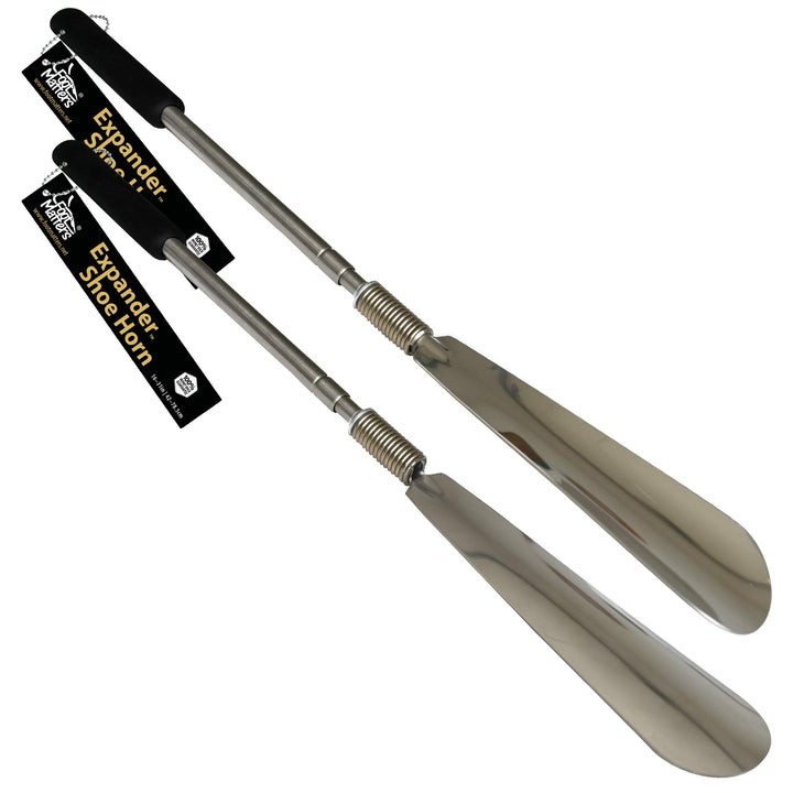 FootMatters Long Handled Metal Expander Shoe Horn Flex Spring End - Extendable &amp; Collapsible 16 to 31 - Stainless Steel Strong - Light &amp; Easy to Carry and Stow - 100% Money Back Guarantee