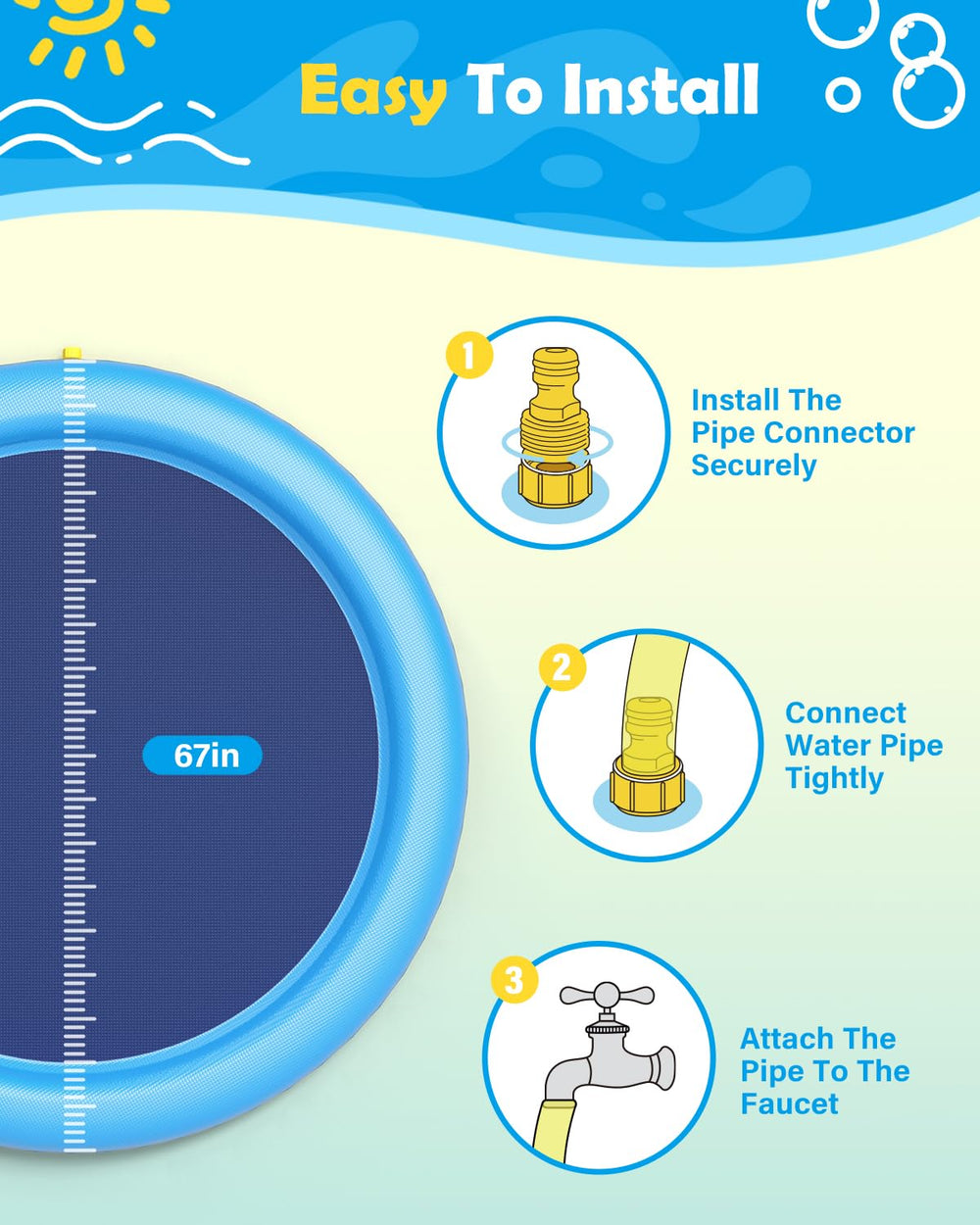 Splash Pad for Dogs & Kids - Anti-Slip Dog Pool for Large Dogs, 0.58 mm Thickened Durable Outdoor Water Play Mat, Summer Sprinkler Toy for Backyard (67in, Blue)