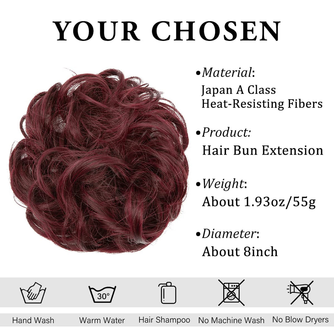 Messy Bun Hair Piece Wavy Curly Scrunchies Synthetic Chignon Ponytail Hair Extensions Burgundy Large Thick Updo Hairpieces for Women Girls Kids 1 PCS