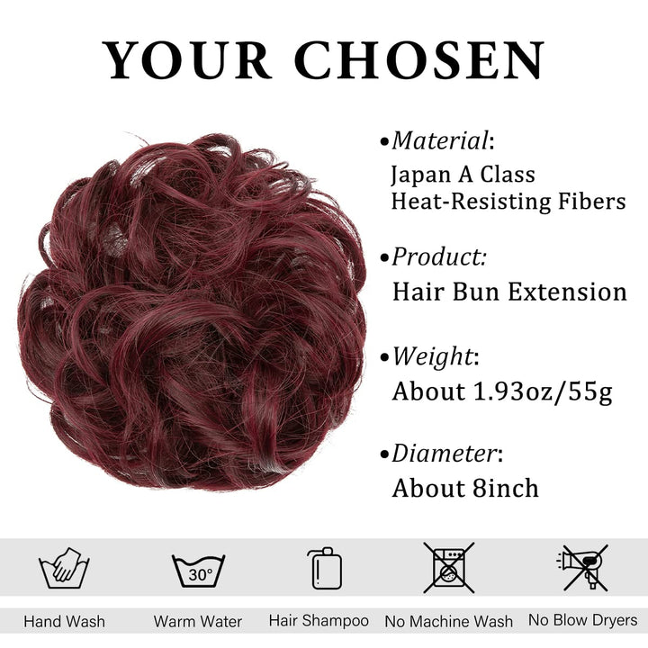 Messy Bun Hair Piece Wavy Curly Scrunchies Synthetic Chignon Ponytail Hair Extensions Burgundy Large Thick Updo Hairpieces for Women Girls Kids 1 PCS