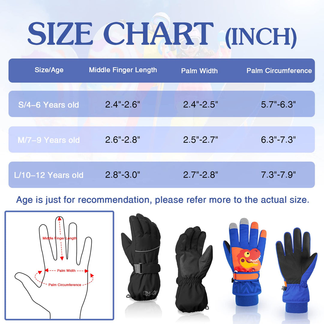 Kids Waterproof Winter Gloves Warm Snow Gloves Boys Girls Ski Gloves Toddler Mittens Windproof Royal Blue Dinosaur S
