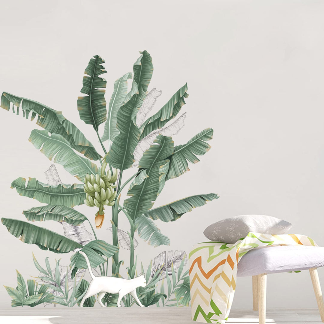 Green Plants Wall Stickers, Removable Waterproof Fresh Leaves Stick Wall Decals, Vibrant Tropical Leaf Peel and Stick Art Murals for Bedroom Living Room Office Home Decorations (D)