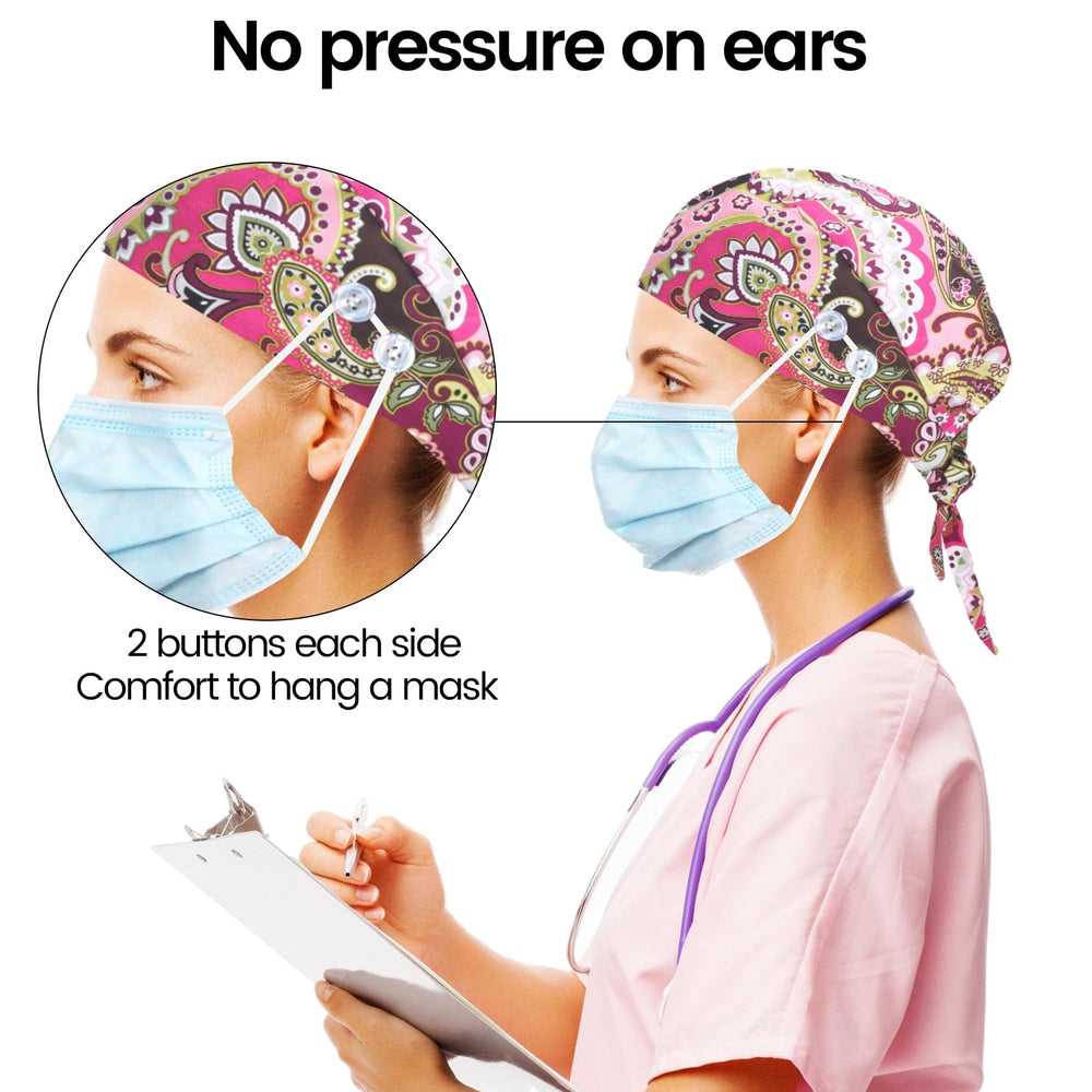 4Pcs Scrub Caps Tie Back Nurse Surgical Hats Men and Women Adjustable Doctor Working Cap with Buttons and Sweatband