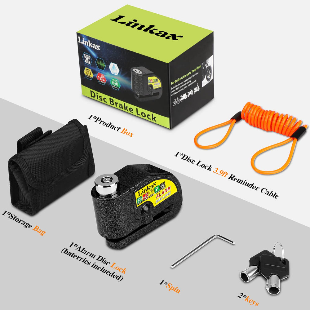 Motorcycle Alarm Disc Brake Lock, Accesorios para Motos, Motorcycle Locks Anti-Theft Security Wheel Lock 110dB 7mm Pin with Reminder Cable and Carry Pouch for Motorbike Dirt Bike Scooter