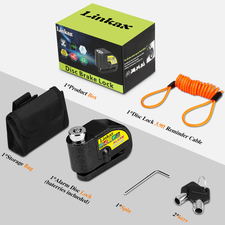 Motorcycle Alarm Disc Brake Lock, Accesorios para Motos, Motorcycle Locks Anti-Theft Security Wheel Lock 110dB 7mm Pin with Reminder Cable and Carry Pouch for Motorbike Dirt Bike Scooter