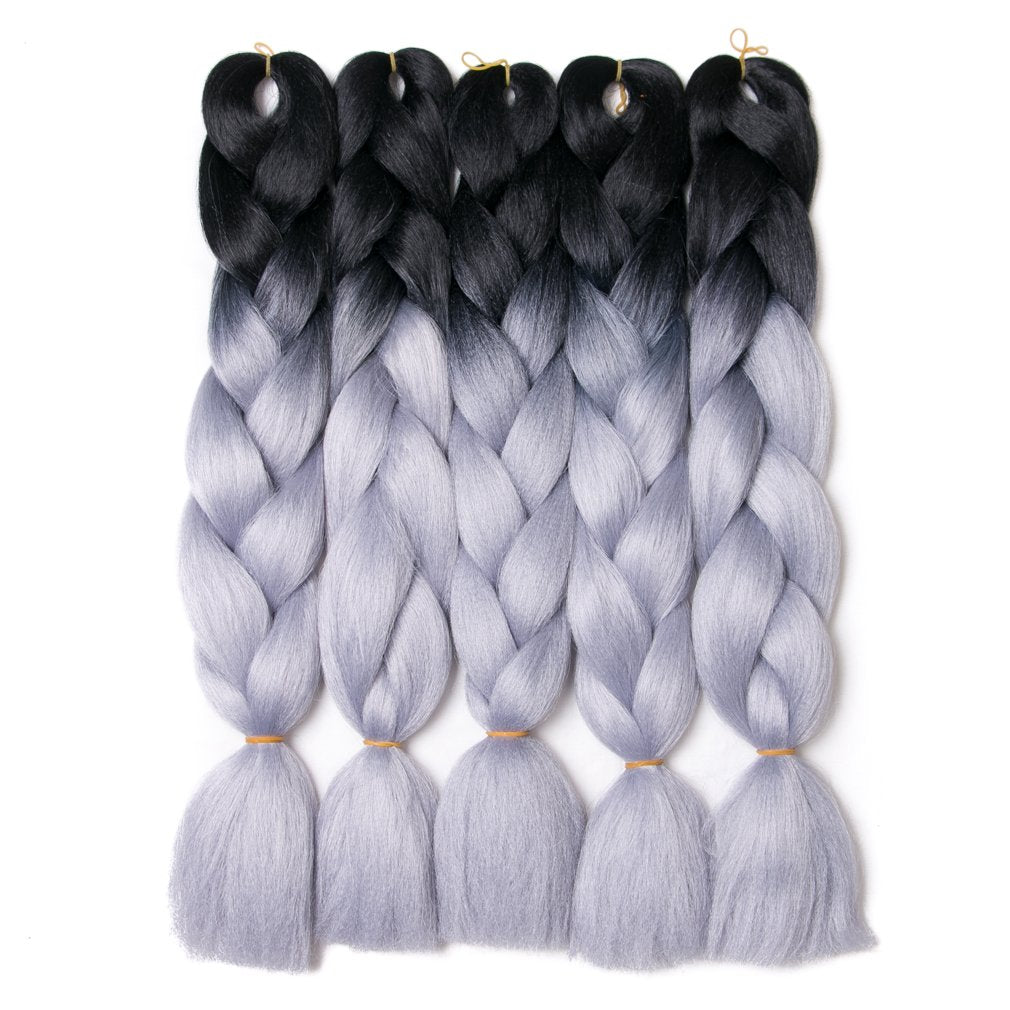 Ombre Braiding Hair 24inch Jumbo Braids High Temperature Fiber Synthetic Hair Extension 5pcs/Lot 100g/pc for Twist Braiding Hair (24inch(Pack of 5), Black- Grey)