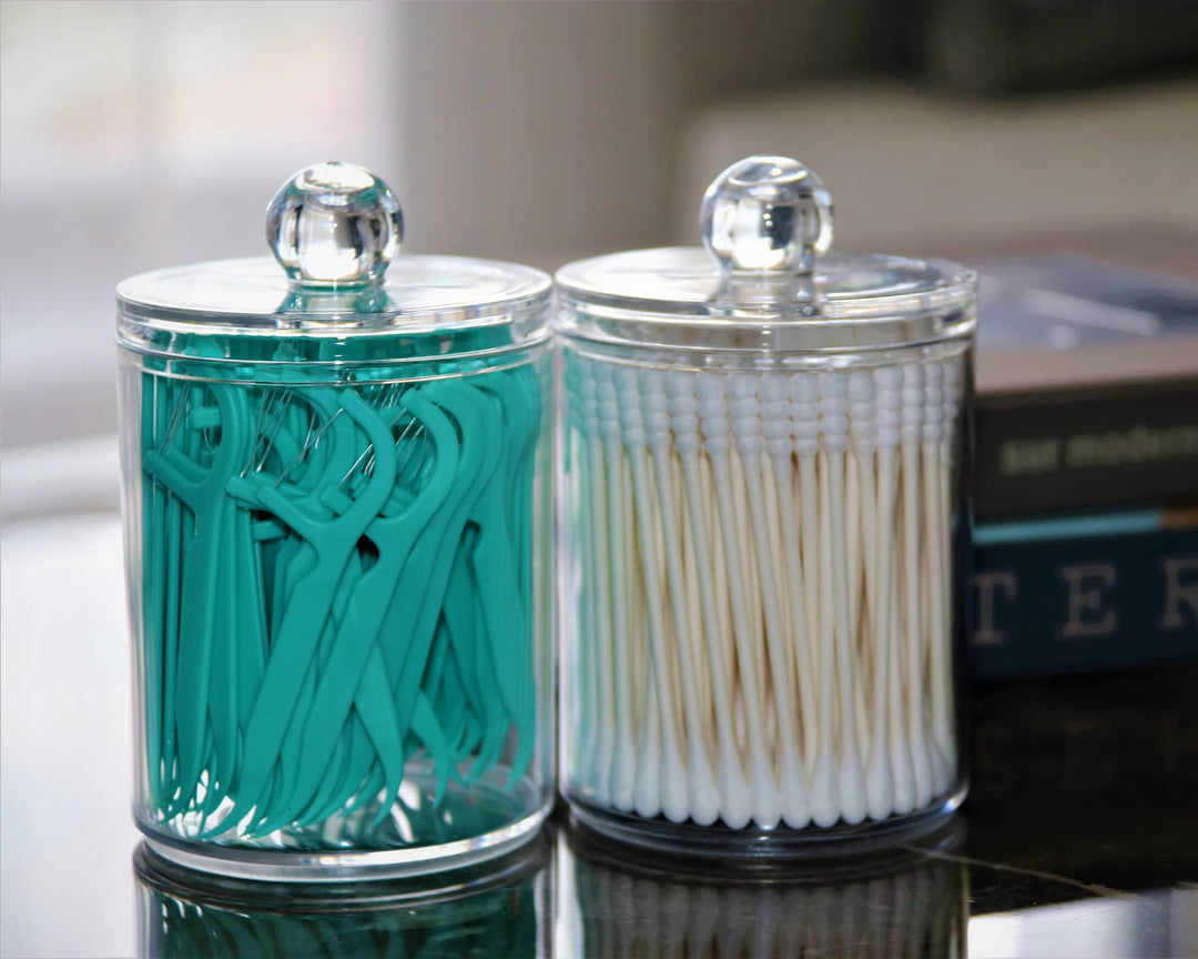 2 Pack Qtip Holder Storage Canister for Cotton Ball, Cotton Swab, Pads, Floss; 10-Ounce Clear Plastic Apothecary Jar with Lid, Bathroom Makeup Organizer (2)