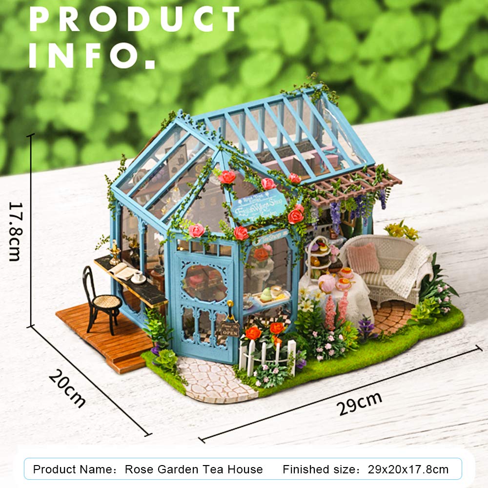 DIY Dollhouse Miniature Kit with Furniture, 3D Wooden Miniature House with Music Box Dollhouse Kit (Garden Tea House)