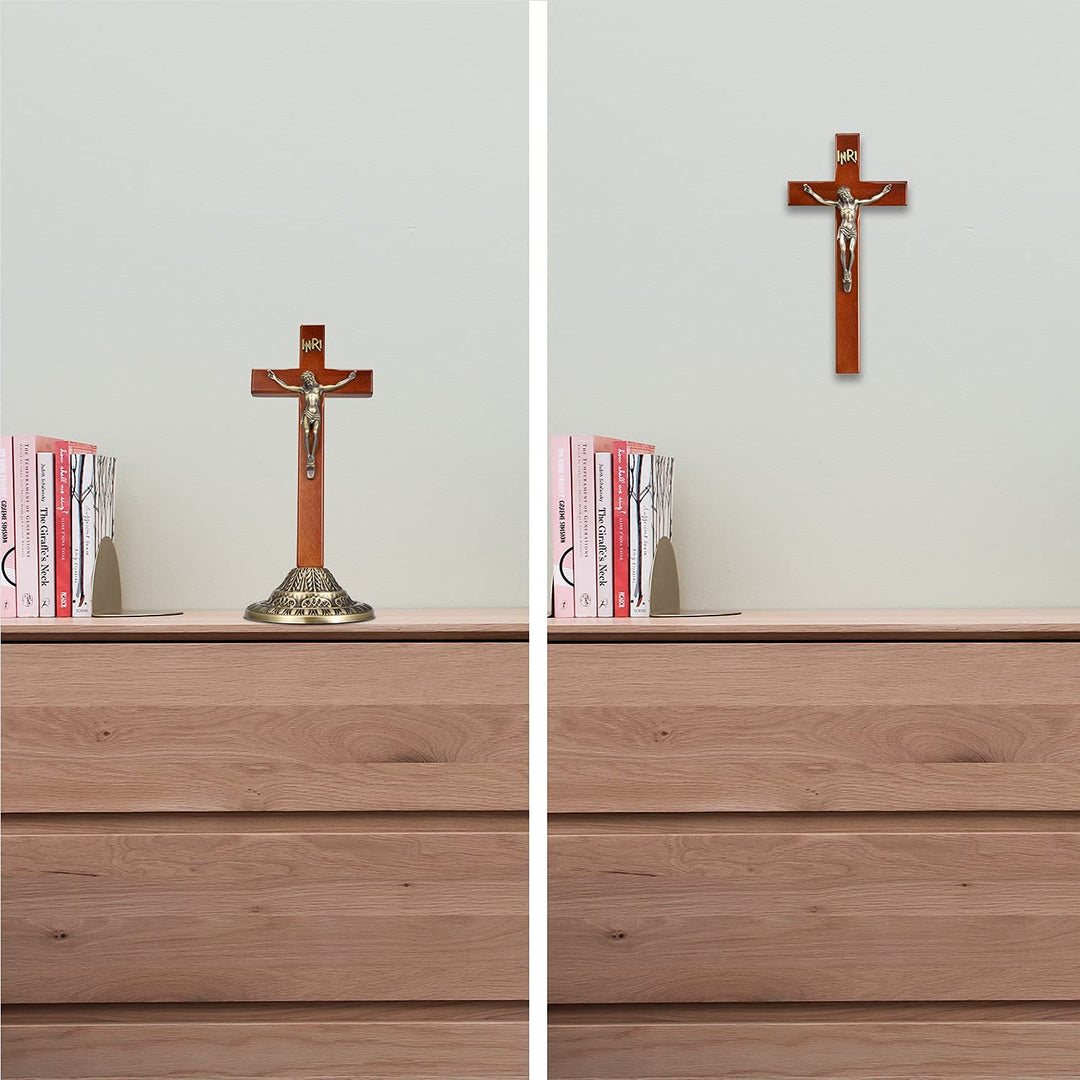 Crucifix Wall Cross, Catholic Wooden Standing Crucifix with Jesus Christ and INRI for Hanging and Standing - 12 Inch