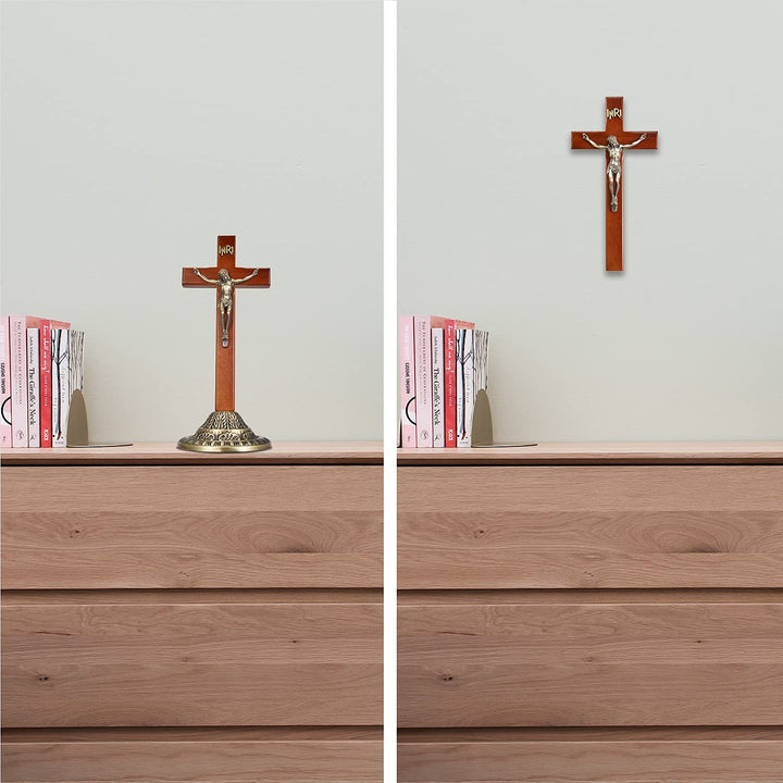 Crucifix Wall Cross, Catholic Wooden Standing Crucifix with Jesus Christ and INRI for Hanging and Standing - 12 Inch
