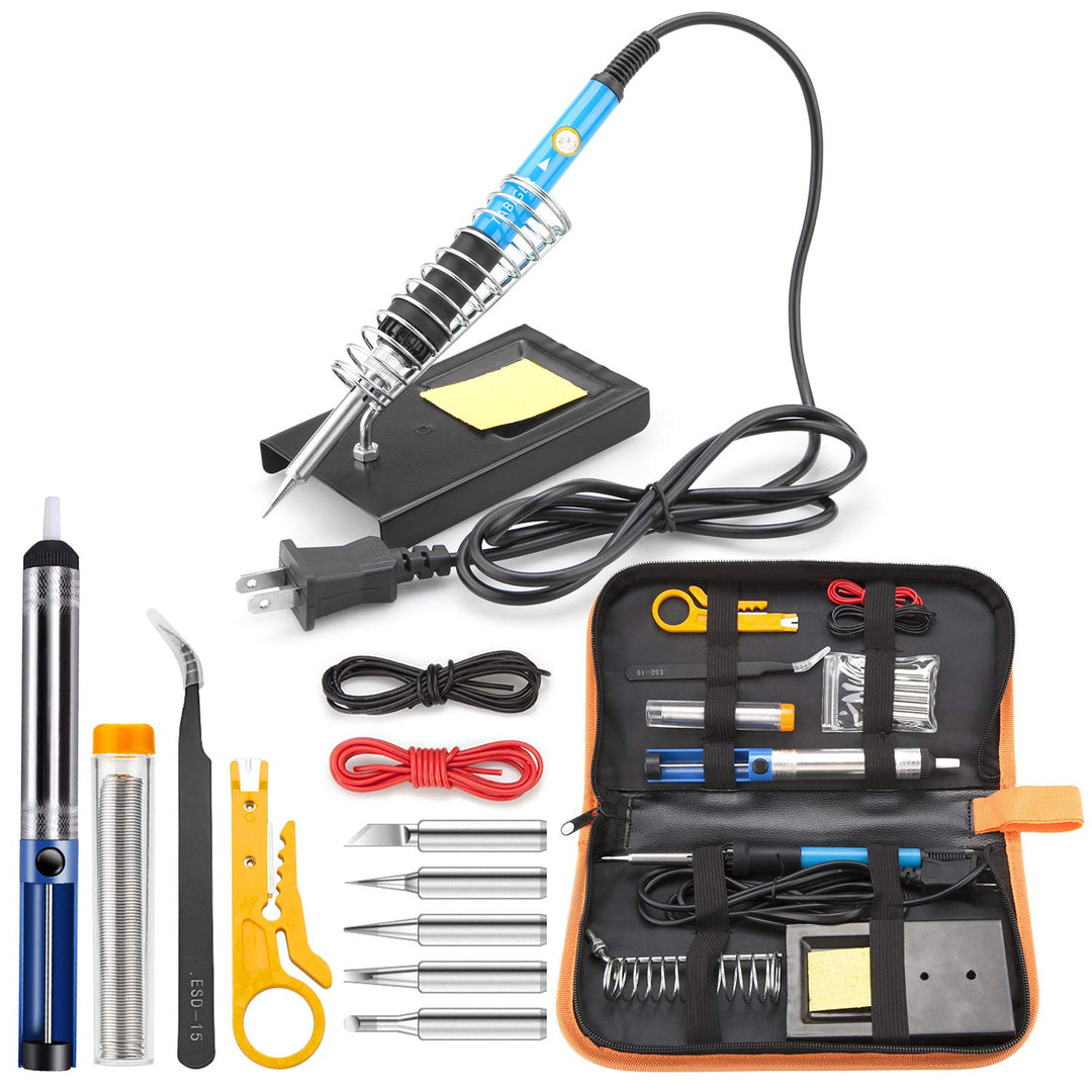 Soldering Iron Kit 15 In 1, 60W 110V Adjustable Temperature Welding Tool with Solder Tips, Solder Wire, Desoldering Pump, Tweezers, Stripper Cutter, Tool Bag