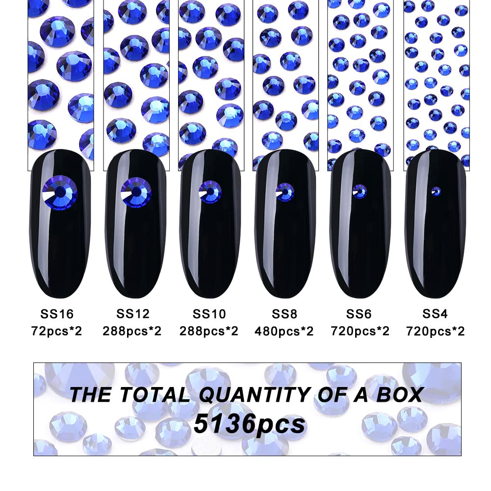 5136 Pcs Glass Crystals Rhinestone for Nail Art Crafts,6 Size(ss4-ss16) Nail Gems Flatback Rhinestone,Jewels Diamonds Stone Kit with Picking Pen and Tweezers(Blue)