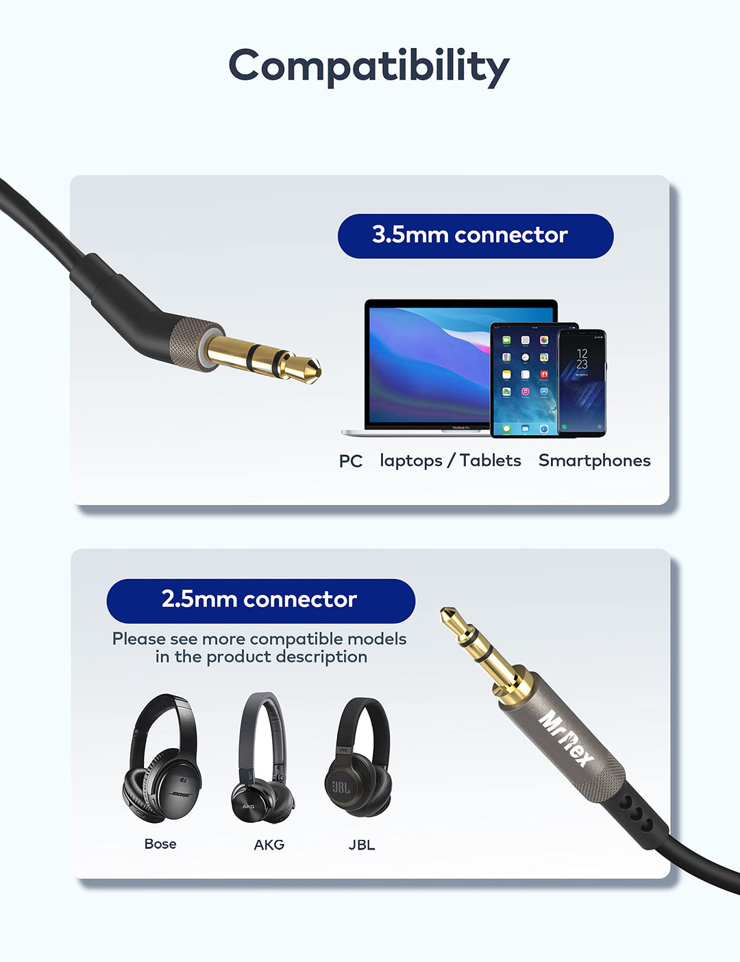 3.5mm to 2.5mm Aux Cable Cord for Bose 700 QuietComfort Ultra QC45 QC35II QC35 QC25 Noise Cancelling Headphones, JBL E45BT E55BT E65BTNC Bluetooth Earphone, Audio Replacement Wire (1-Pack, 5FT)