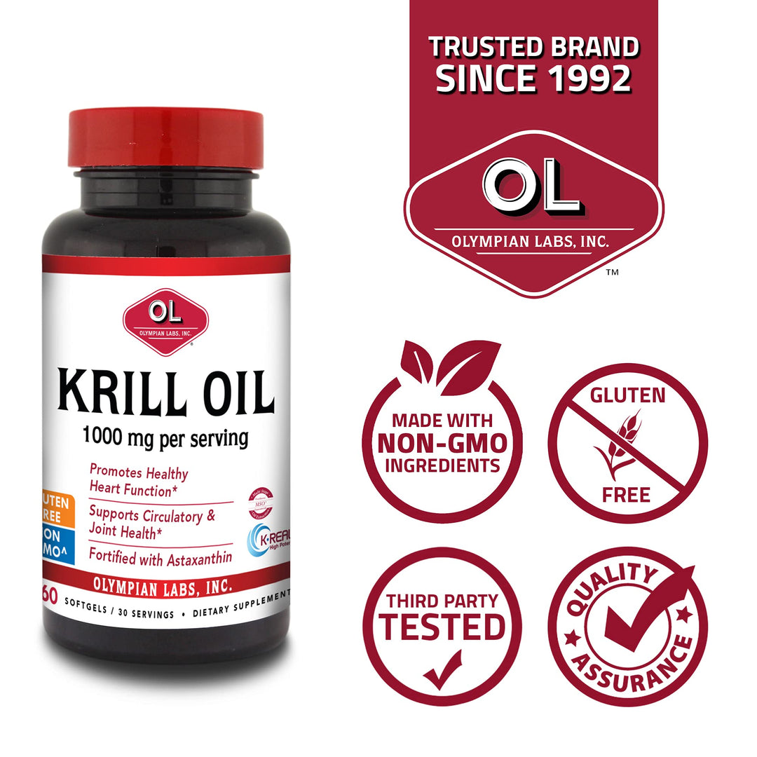 Antarctic Krill Oil, 1000mg Caps with Astaxanthin, Omega-3, EPA, DHA, Immune, Joint &amp; Brain Support, 60 Softgels
