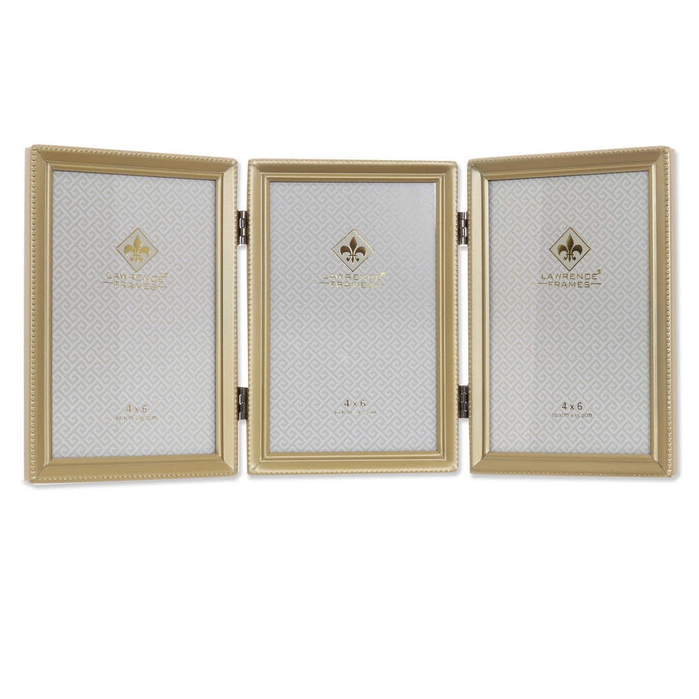 Antique Brass 4x6 Hinged Triple Picture Frame - Bead Border Design, Satin Gold