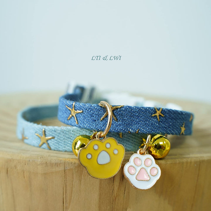 2 Pack Denim Breakaway Cat Collars with Bell Cat Paw Pendant Kitty Kitten Collars Blue Collar for Female Girl Cats Male Boy Cats Star Print
