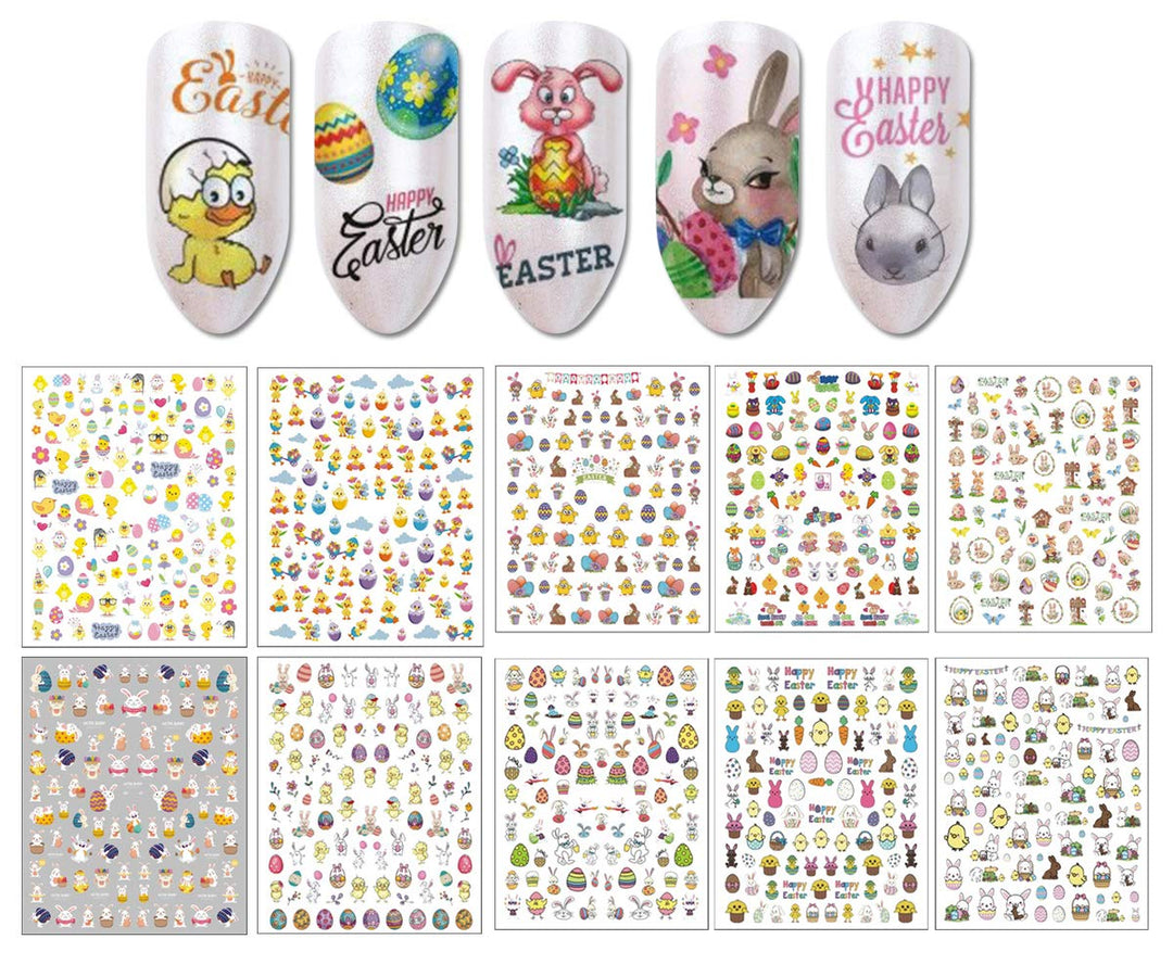 3D Easter Nail Art Stickers Bunny Nail Decals Nail Supplies Cute Rabbits Hare Easter Egg Chick Flowers Design Self Adhesive Nail Stickers for Acrylic Nail Decorations Easter Party Favors 10 Sheets