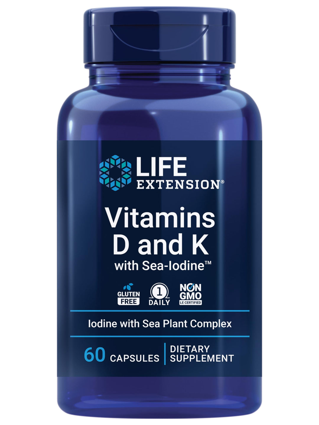Vitamins D and K with Sea-Iodine, vitamin D3, vitamin K1 and K2, iodine, supports immune, bone, arterial and thyroid health, non-GMO, gluten-free, 60 capsules