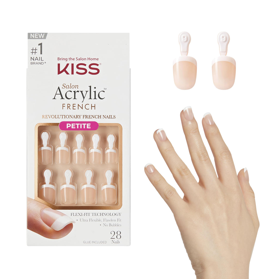 Salon Acrylic, Press-On Nails, Nail glue included, &#39;Crush Hour&#39;, French, Petite Size, Squoval Shape, Includes 28 Nails, 2g Glue, 1 Manicure Stick, 1 Mini File