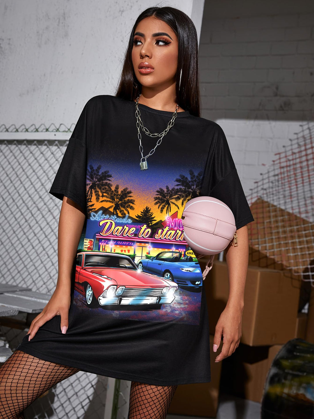 Women&#39;s Casual Graphic Print Short Sleeve Loose T Shirt Dress Black L