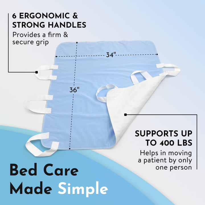 Atcha Ba Positioning Bed Pad with Handles, Incontinence Patient Lift for Home and Hospital Use, Waterproof, Reusable and Washable Bed Pads, Durable and Comfortable, 34 x 36 Inches, Blue, Pack of 1