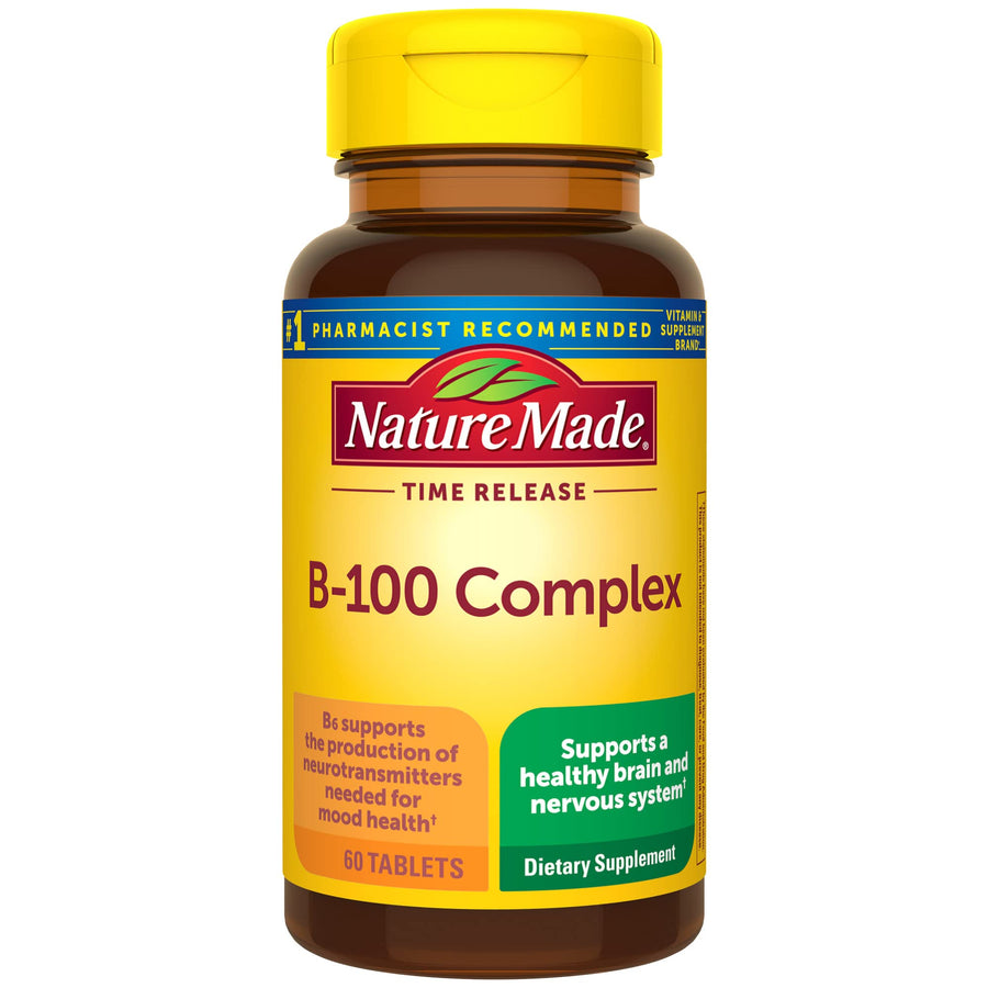 Time Release Vitamin B-100 High Potency B Complex, Dietary Supplement for Nervous System Function Support, 60 Time Release Tablets, 60 Day Supply