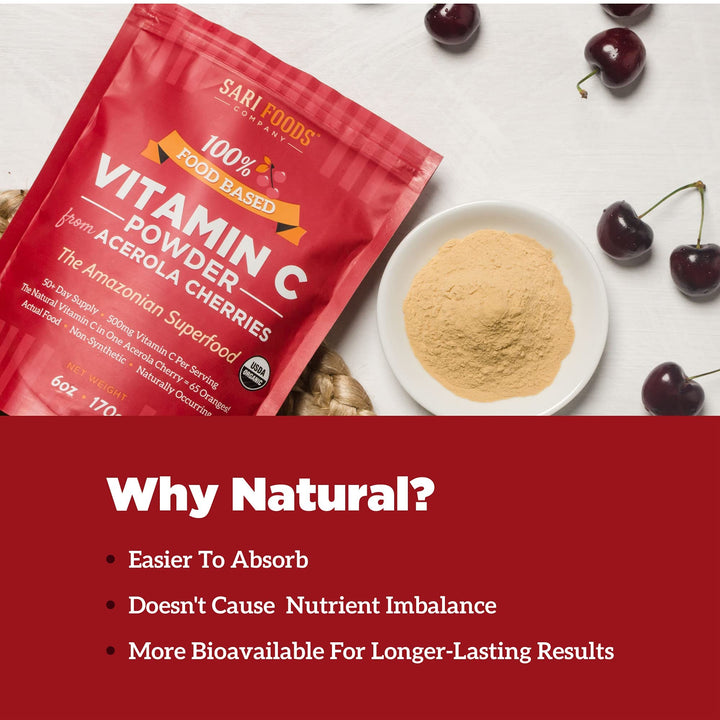 Sari Foods Co Organic Acerola Cherry Powder - Natural Vitamin C Complex Powder - Plant Based, Non-Synthetic Nutrition. Nature’s Daily Whole Food, Antioxidants and Bioflavonoids, 6 Ounce