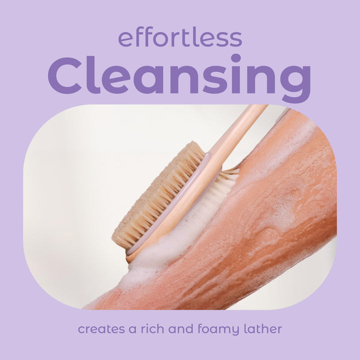 Back Scrubber for Shower – Long Handle Dual-Sided Brush for Body Wash &amp; Scrubbing with Exfoliating &amp; Soft Bristles (Lavender, Wood)