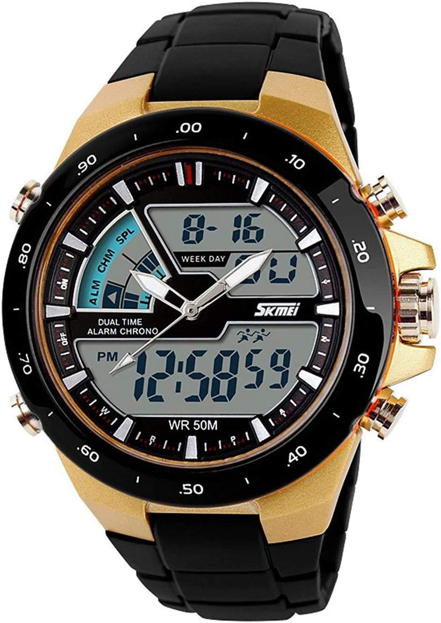 Men's Analog Digital 50M Waterproof Sports Watch Military Multifunction Stopwatch Alarm Backlight Gold Watch (0_Gold)