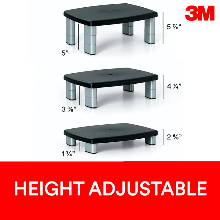 3M Adjustable Monitor Stand Riser, Three Leg Segments Simply Adjust Height, Sturdy Platform Holds Up to 80 lbs for Monitors, Laptops, and Printers, Space for Storage Underneath, Silver/Black (MS80B)