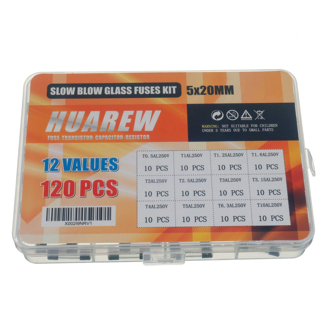 12 Values 120 Pcs 5x20 mm Slow Blow Glass Fuse 0.2 x0.78 Inch 250 V Volt T0.5 T1 T1.25 T1.6 T2 T2.5 T3 T3.15 T4 T5 T6.3 T10 A amp Assortment Kit