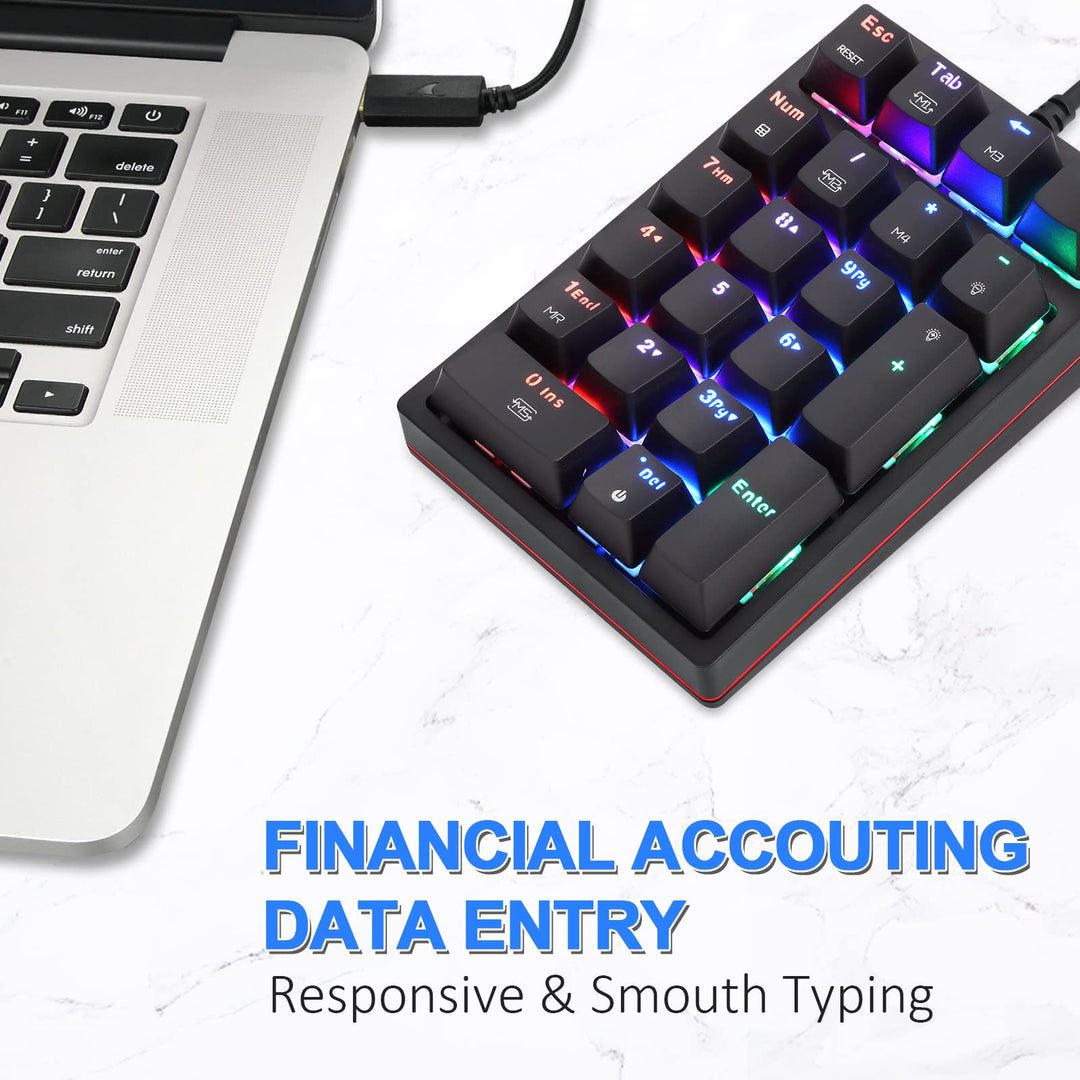Macro Mechanical Numeric Keypad USB Wired 21 Keys Mini Numpad Portable Keypad RGB Backlight Gaming Keypad Extended Layout for Cashier(Fully Programmable Keys)