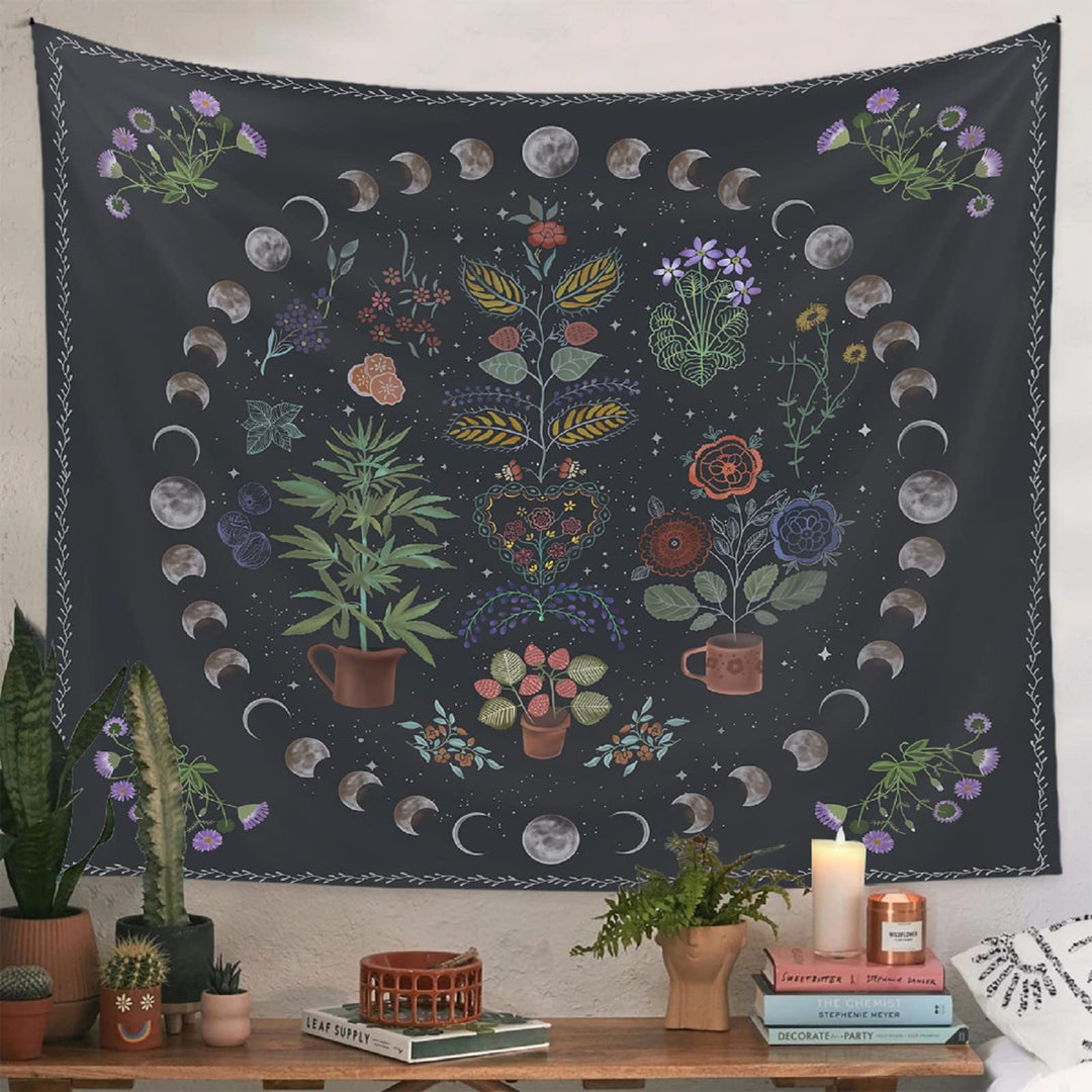 Plant Tapestry, Nature Moon Phase Tapestry Wall Hanging, Bohemian Mandala Tapestry Aesthetic Bedroom Decor, Botanical Tapestries Suitable For Bedroom Home Dorm-50 X 60