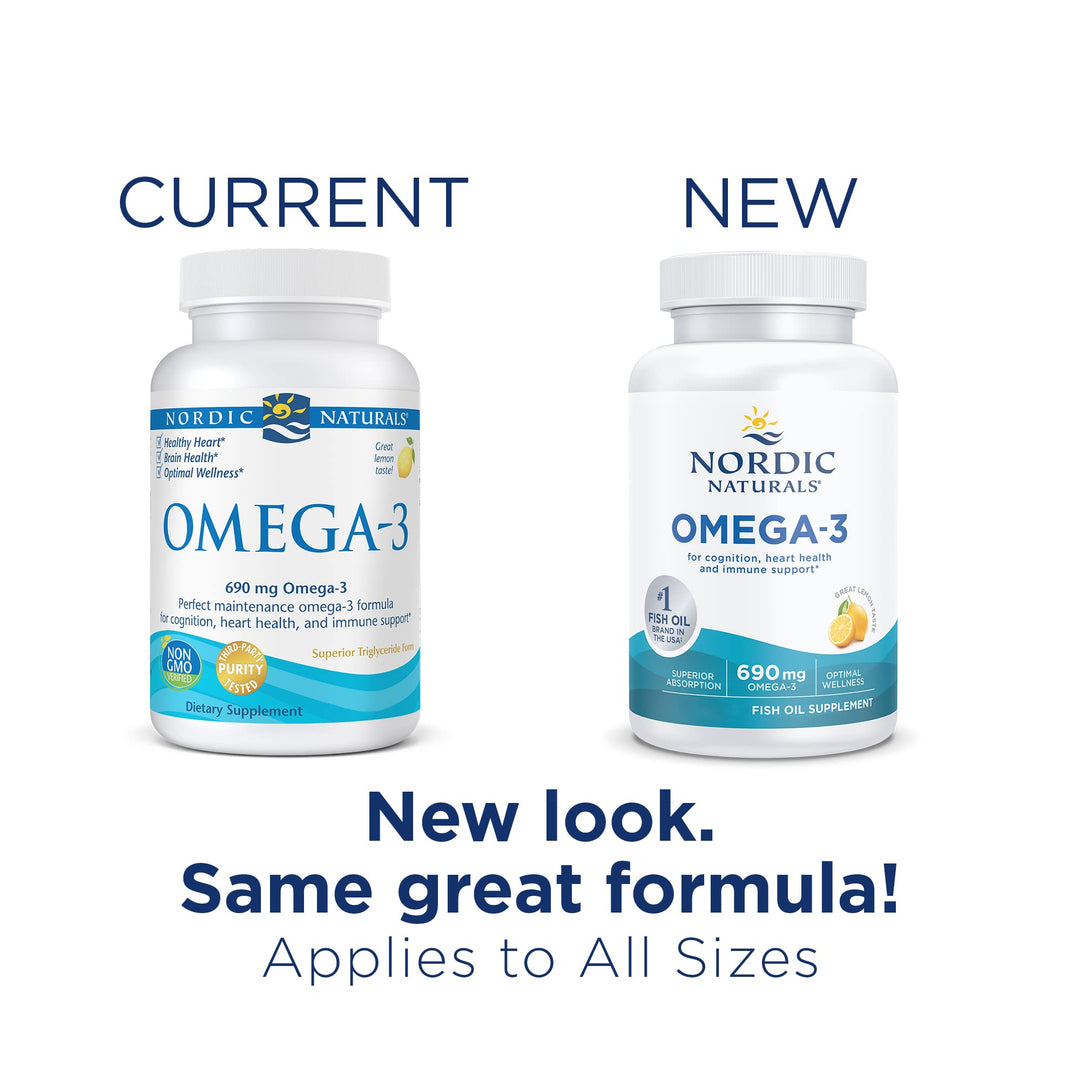 Omega-3, Lemon Flavor - 180 Soft Gels - 690 mg Omega-3 - Fish Oil - EPA &amp; DHA - Immune Support, Brain &amp; Heart Health, Optimal Wellness - Non-GMO - 90 Servings