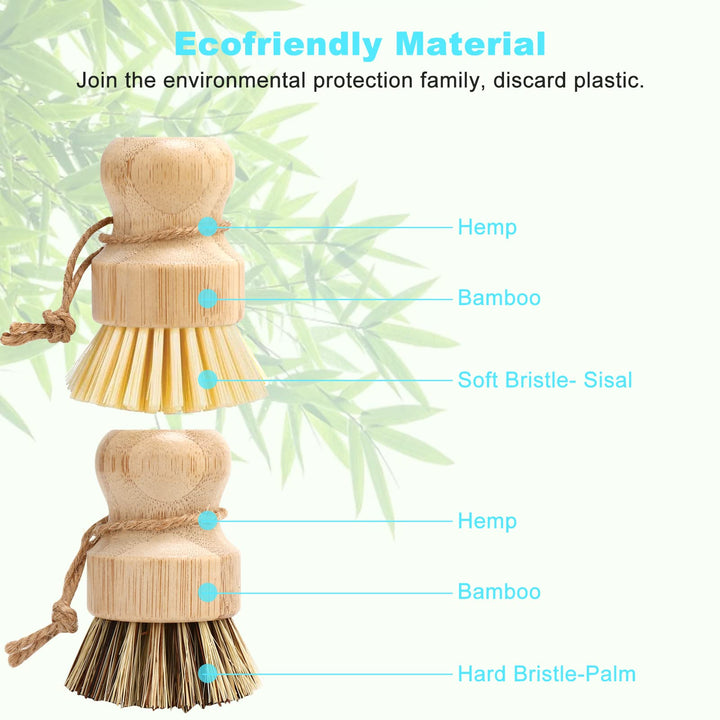 Bamboo Dish Brush Set, 4 Pcs Palm Wooden Dish Scrubber Brush, Dish Brushes, Durable Wood Dishes Scrub Brush, Natural Round Vegetable Cleaning Pots Pans Sink Washing Kitchen Brush