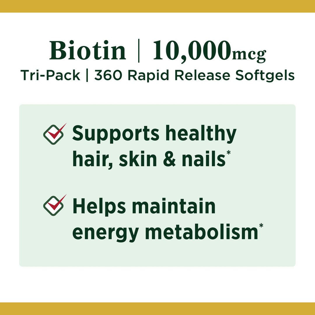 Nature&#39;s Bounty Biotin 10,000mcg, Supports Beautiful Hair, Glowing Skin and Healthy Nails, Rapid Release Softgels, 120 Count (Pack of 3)