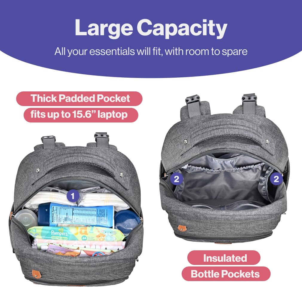 BabbleRoo Diaper Bag Backpack, Travel Backpack with Changing Pad, Pacifier Case & Stroller Straps, Multifunction, Waterproof, Unisex - Dark Gray
