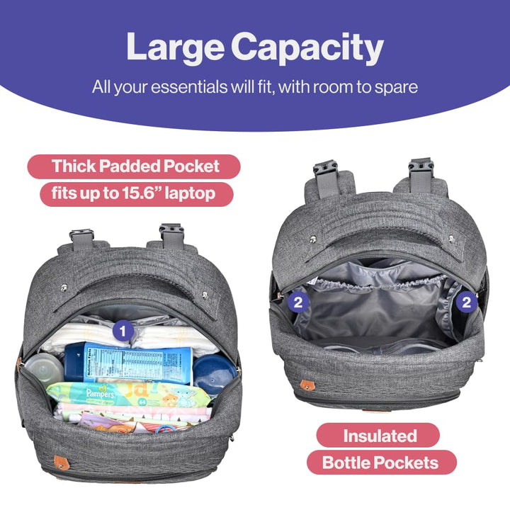 BabbleRoo Diaper Bag Backpack, Travel Backpack with Changing Pad, Pacifier Case & Stroller Straps, Multifunction, Waterproof, Unisex - Dark Gray