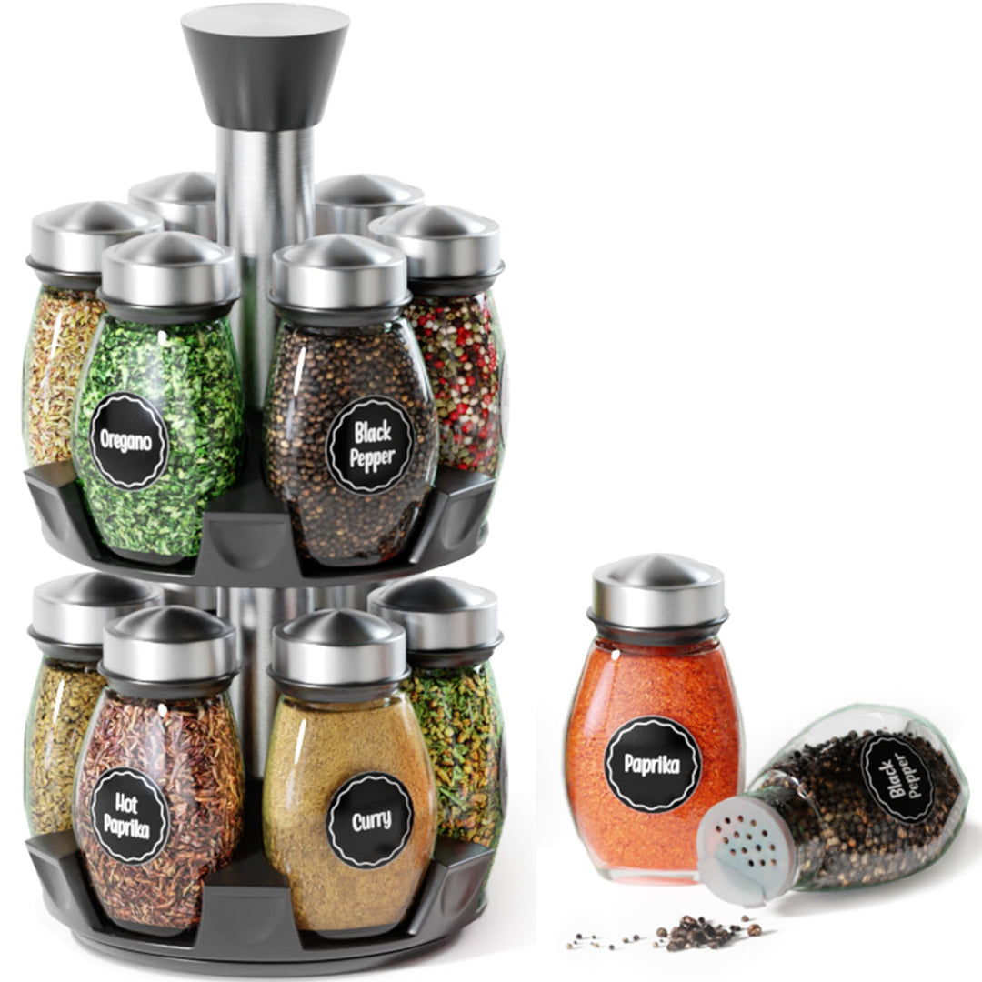 Revolving Spice Rack Organizer - Spinning Countertop Herb and Spice Organizer with 12 Glass Jar Bottles and Labels (Spices Not Included)