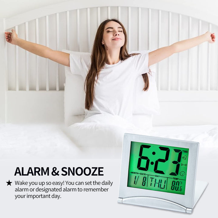 Small Digital Travel Alarm Clock Battery Operated, Portable LCD Large Display Alarm Clock with Backlight, Temperature Desk Clock -Silver(Green Light)